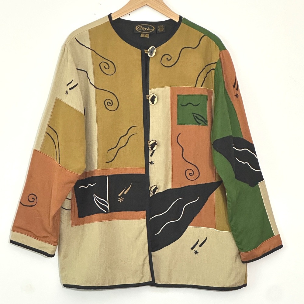 VTG Alex Kim Womens Jacket L Artistic Patchwork Embroidered Earthy Eclectic 90s